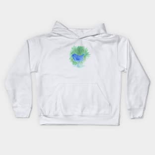 blue bird and shrub watercolor painting Kids Hoodie